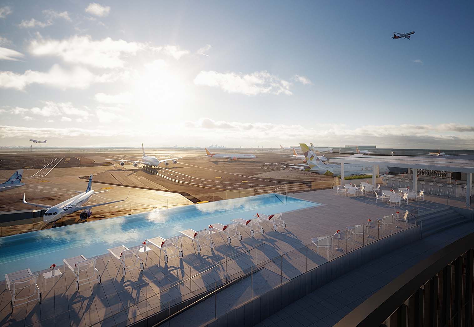 JFK's TWA Hotel Just Opened a Mid Century Modern Pool Bar With Incredible Runway Views