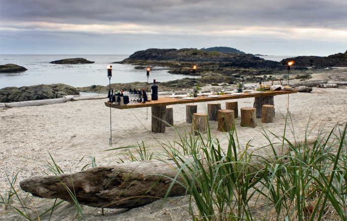 Shell Beach, named for the crushed shells that make up much of the beachfront is only accessible by a private driveway on Wickaninnish Inn's property, making it a rare venue for a private event.