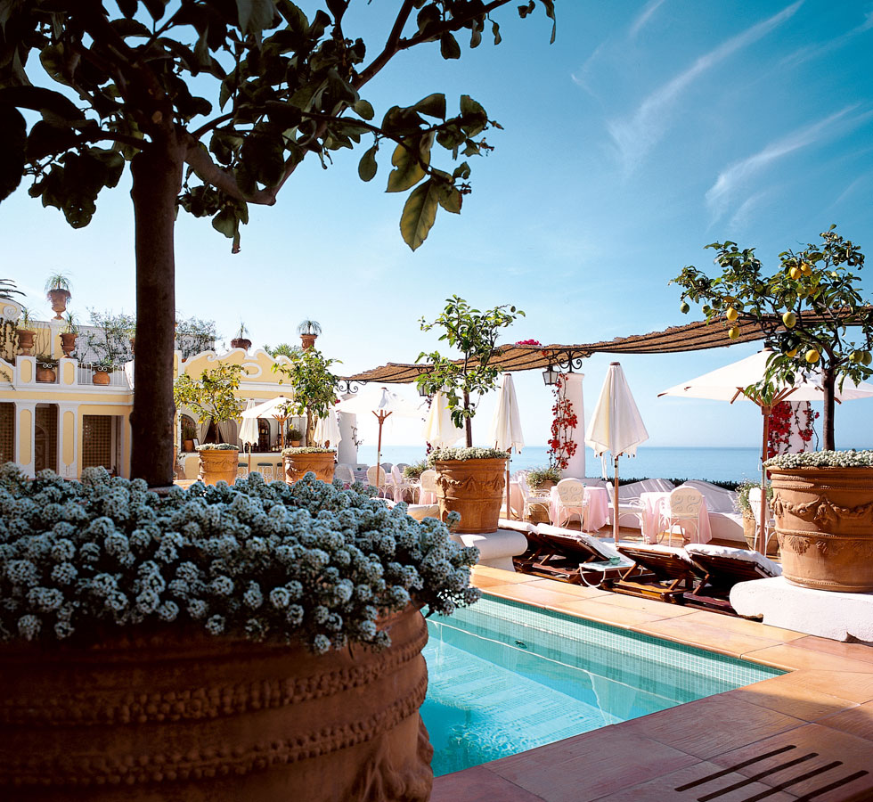 The Pool Terrace is full of lemon trees and flowers.