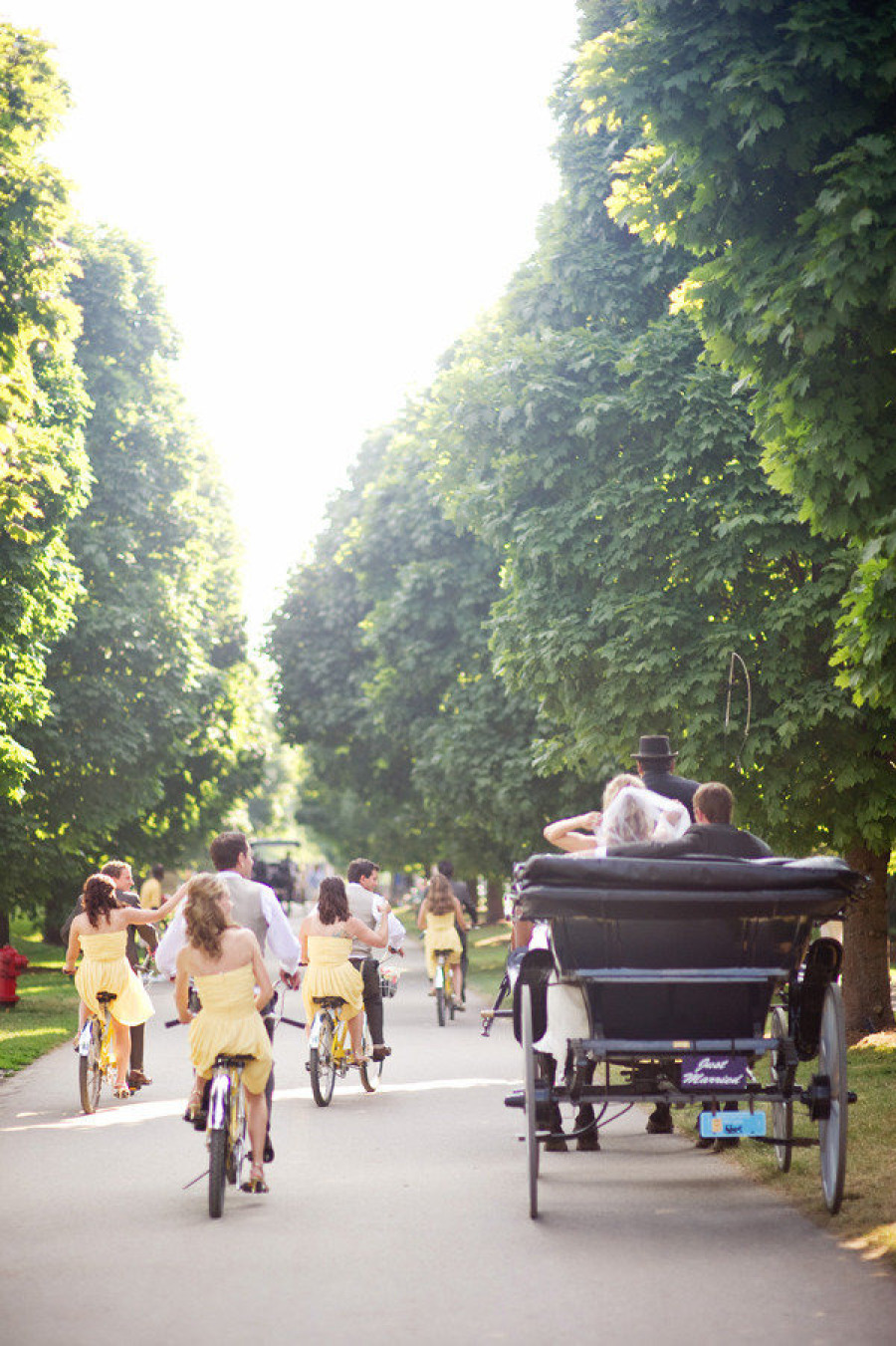 After the ceremony the bride and groom road off on a horse and buggy while the bridal party followed on bikes.