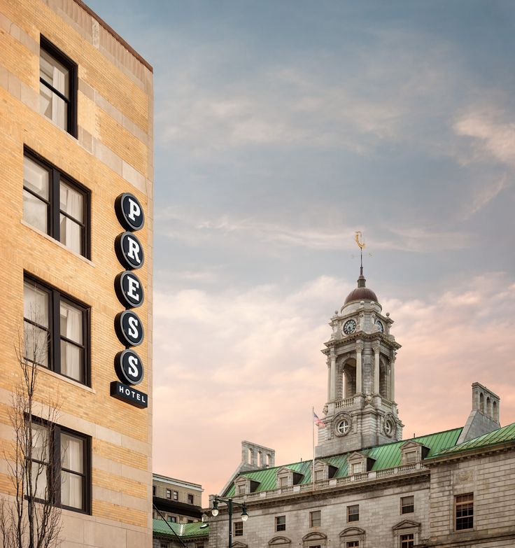 Exterior of The Press Hotel in Portland Maine, historic building.