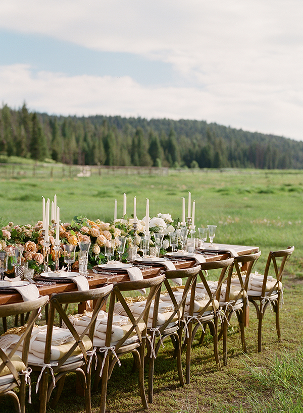 Event Planning & Design, Floral Design: Magnolia Ranch | Styling, Throws: Rocky Mountain Bride | Flatware, Plates, Chargers, Glassware: Montana Party Rentals | Farm Tables, Chairs: Canvas Unlimited