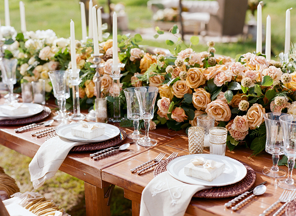 Event Planning & Design, Floral Design: Magnolia Ranch | Embroidered Napkins: Huger Embroidery | | Flatware, Plates, Chargers, Glassware: Montana Party Rentals | Farm Tables, Chairs: Canvas Unlimited
