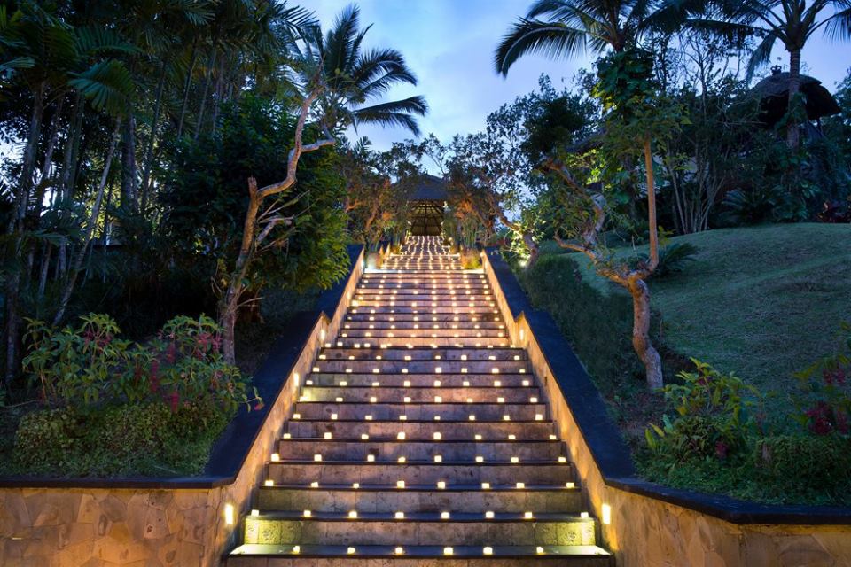 Illuminated path to Hanging Gardens