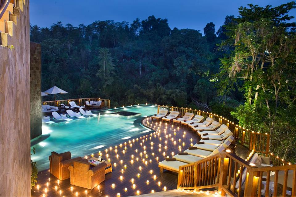 The pool lit up for a perfect view of the jungle.