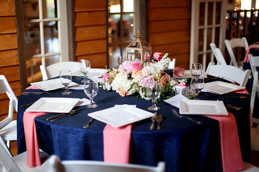 Navy and pink wedding decor.