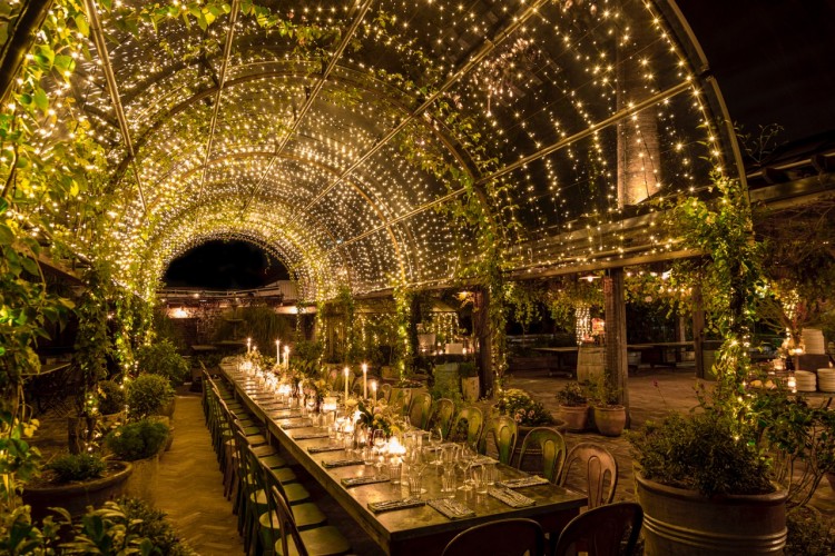 Romantic dinner under the lights.