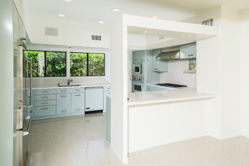 The kitchen is the most recent restoration and sponsored by Viking with St. Charles modern cabinetry resembling the original kitchen design.
