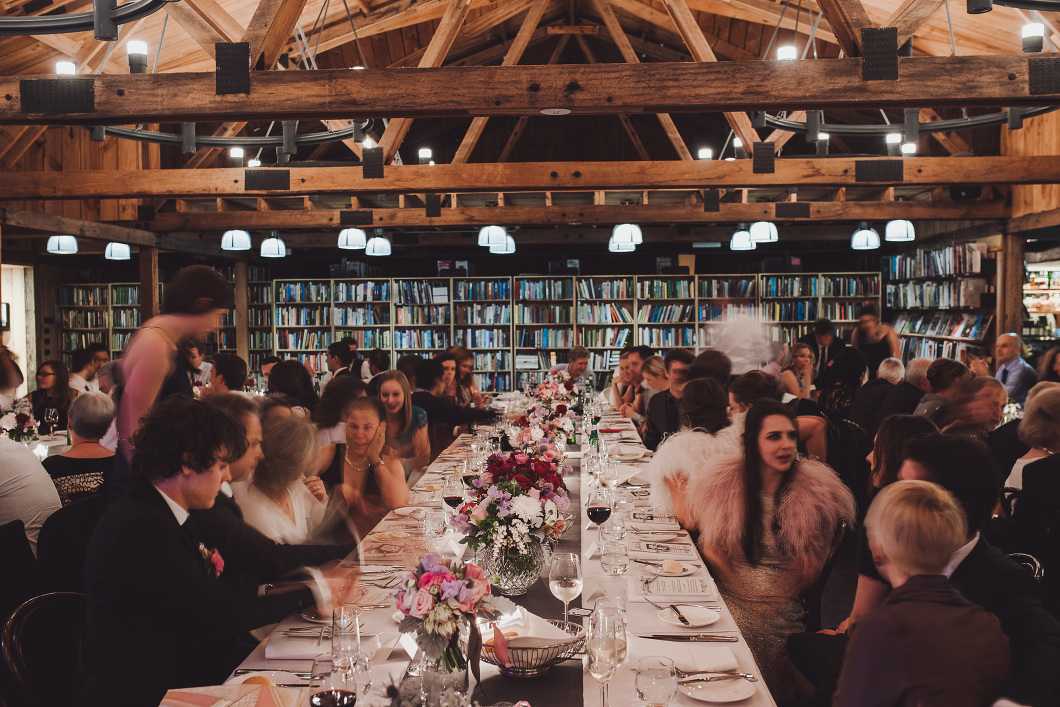 For weddings, the bookshelves roll away to create an incredible space.