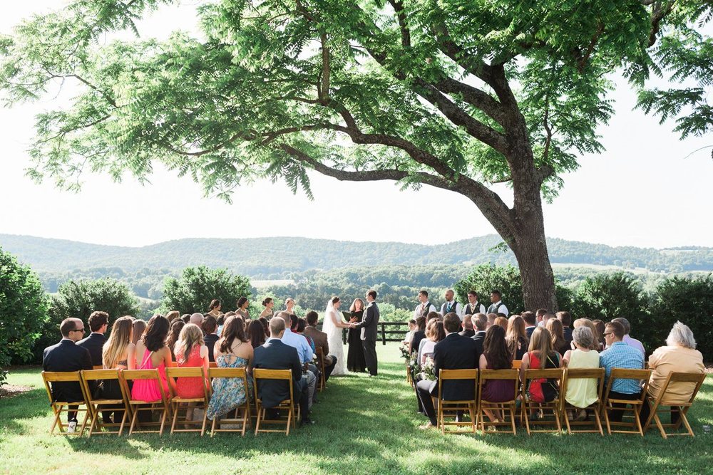 From our most popular ceremony sites, the wedding guests face the tree-covered first range of the Southwest Mountains.