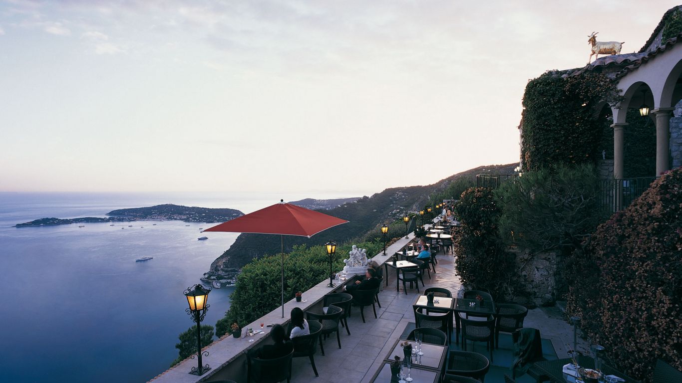 Five hundred meters above the Mediterranean Sea - between Nice and Monaco - this iconic Relais & Châteaux hotel (since 1954) features spectacular panoramas with breathtaking sunsets.