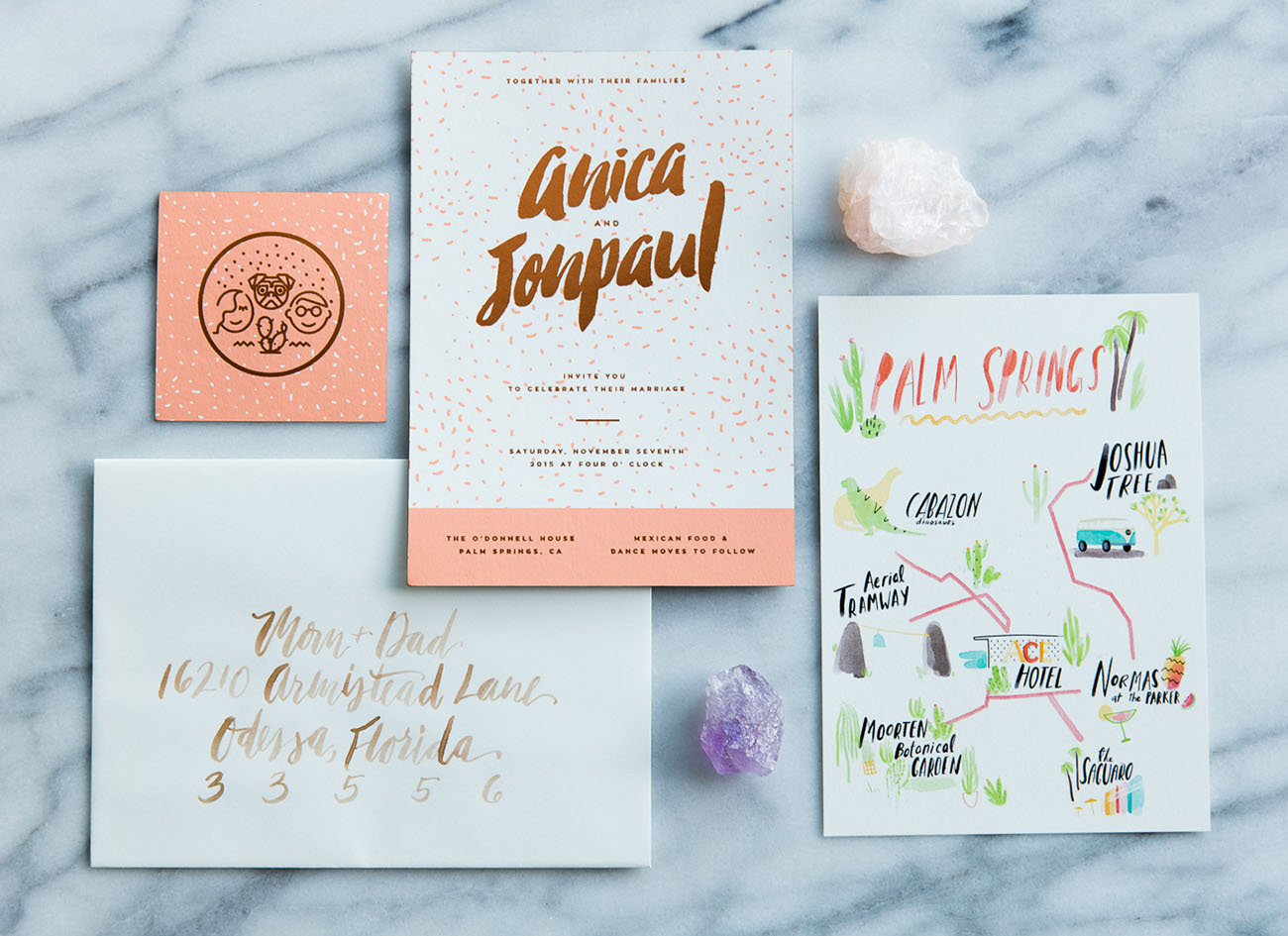 Paper Goods: Invitation and Save the Date Design by friend, Danny Jones | Illustrated Map of Palm Springs by friend, Kenesha Sneed | Printing Letterpress: Mama’s Sauce | Envelope Calligraphy: Little Cat Creative