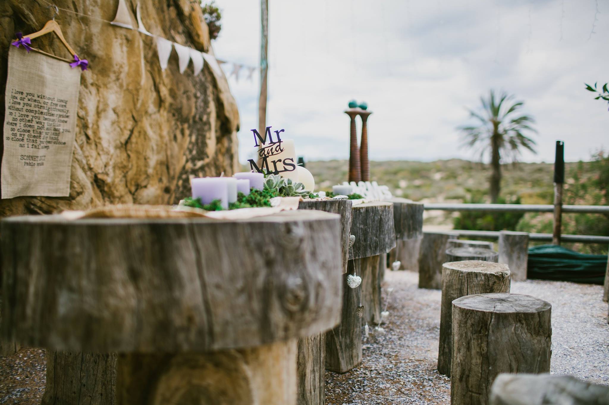 We use the rocks as decor and furniture is sawn off logs that we use as tabels and chairs.