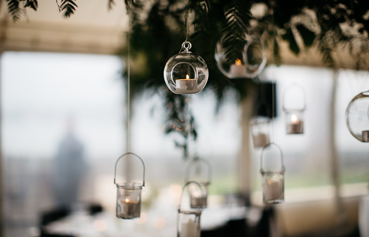 Hanging decor inside the tented reception.