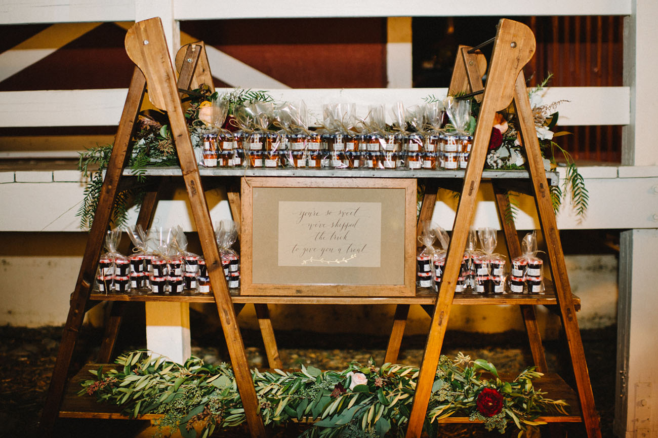 Party favors displayed on a ladder shelf.