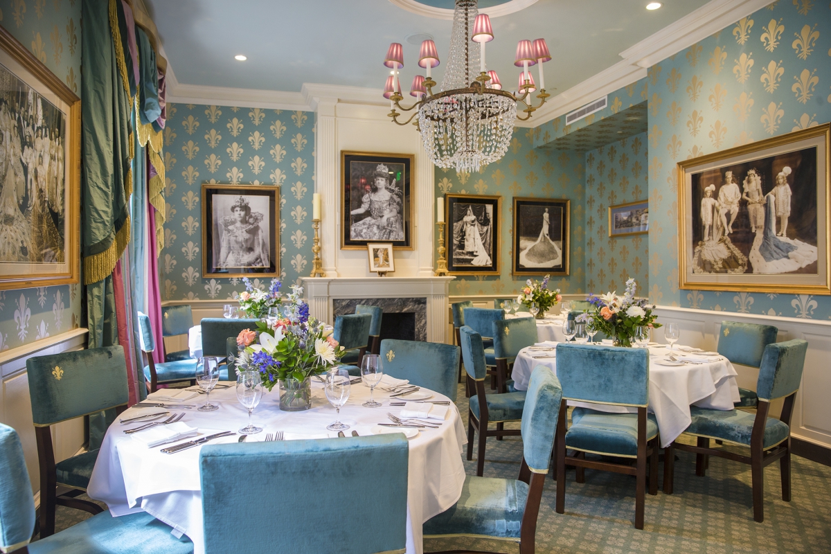 Shades of aquamarine, lavender, pink, and ivory create a charming milieu of monarchy.