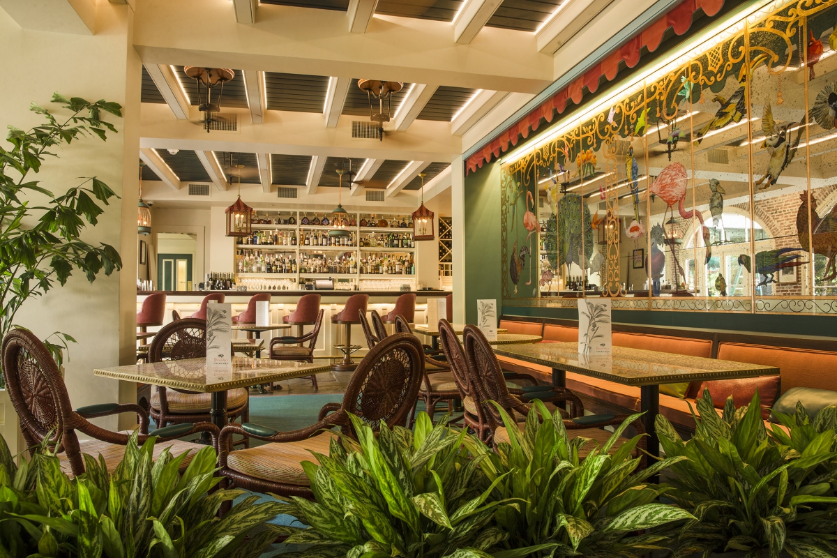 The rooster rules the roost at this bar, a veritable aviary perched in an airy, open room overlooking the lush Courtyard.