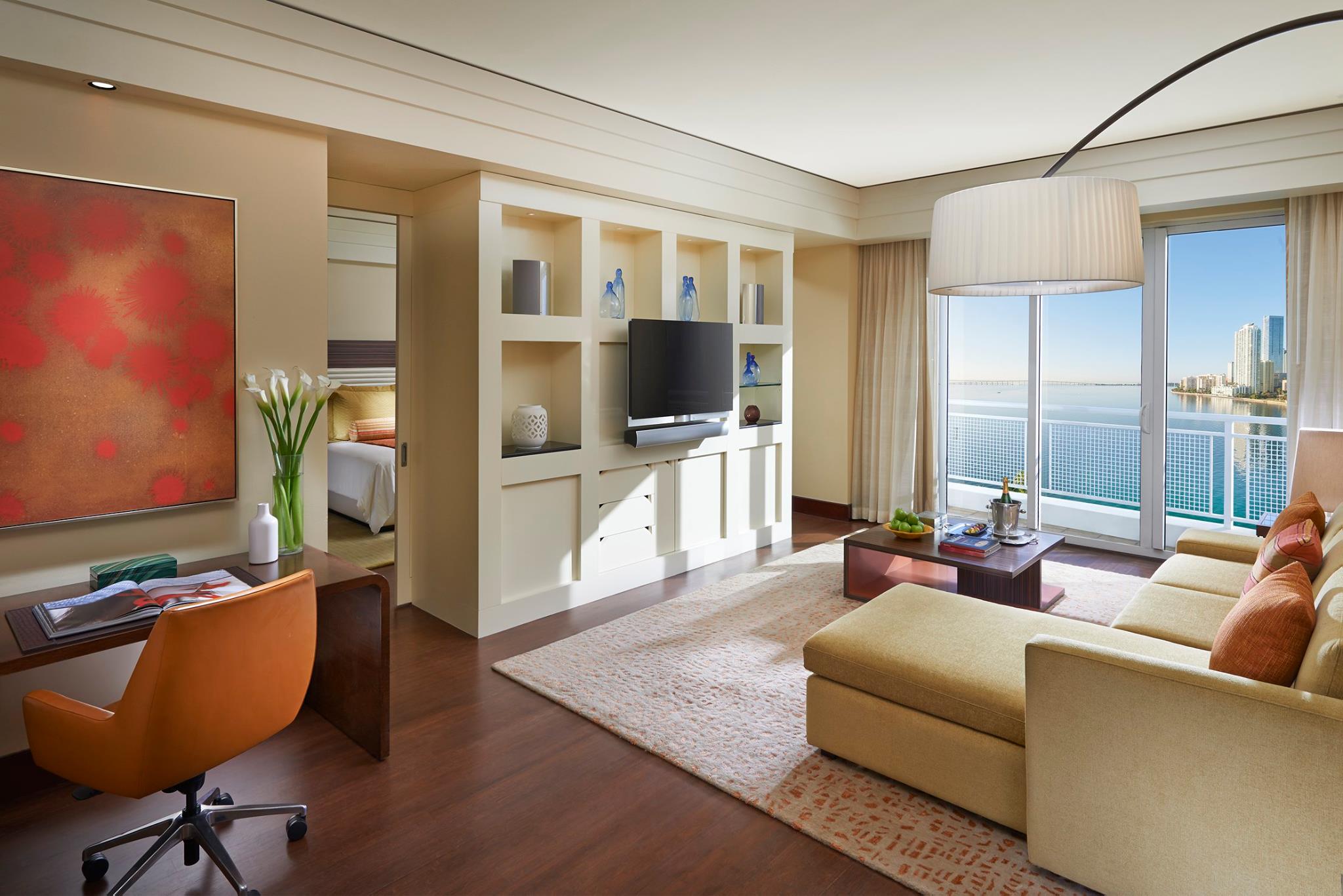 Offering spectacular views of Biscayne Bay and the Miami skyline, accommodation consists of a large bedroom, a separate living room with seating area and working desk, and guest powder room.