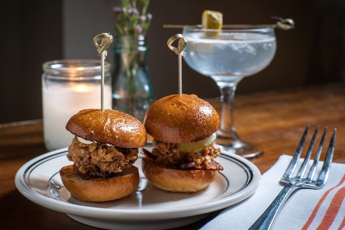 The Fried Oyster sliders go great alongside the Dirty Pickle Martini.