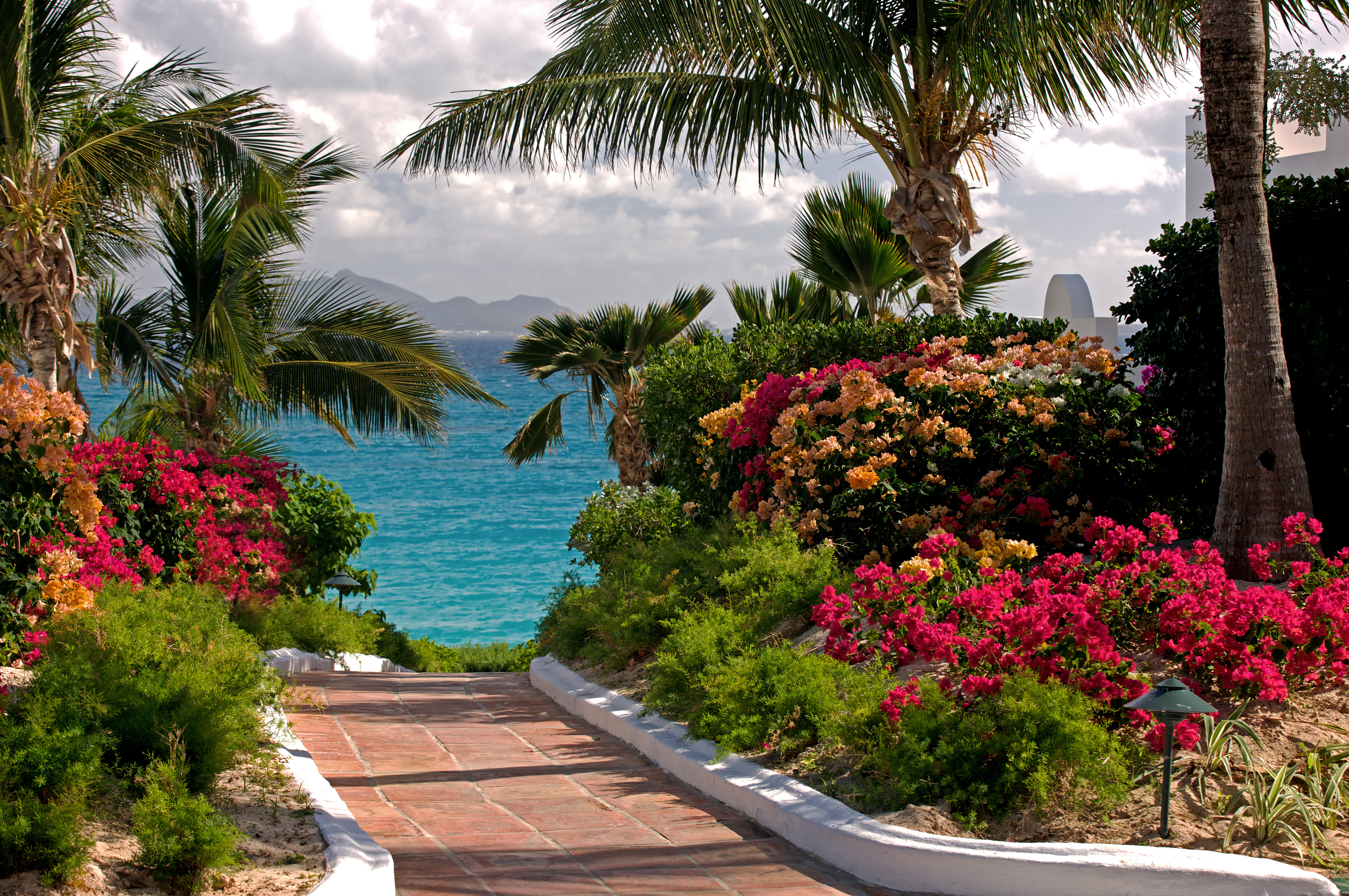 Walkway to the Beach with beautiful tropical flowers.