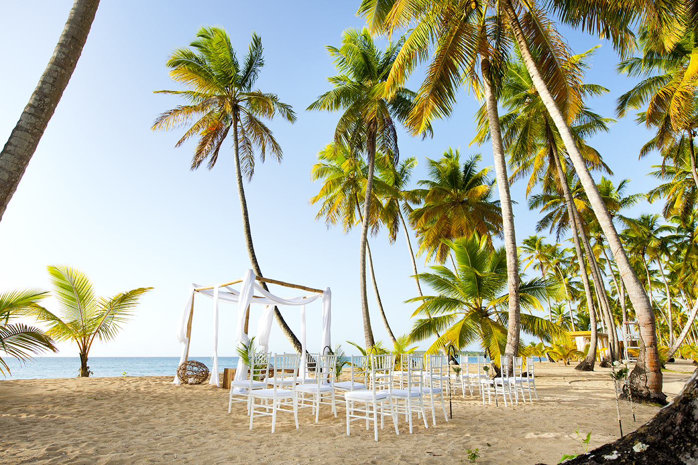 Weddings can be celebrated right on the gold sand beach surrounded by gorgeous palm trees and a deep blue sea on the background.