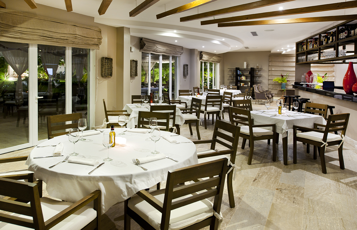 Quaint wood-adorned Bistro together with the terrace overlooking the lush gardens provide an intimate more formal option.