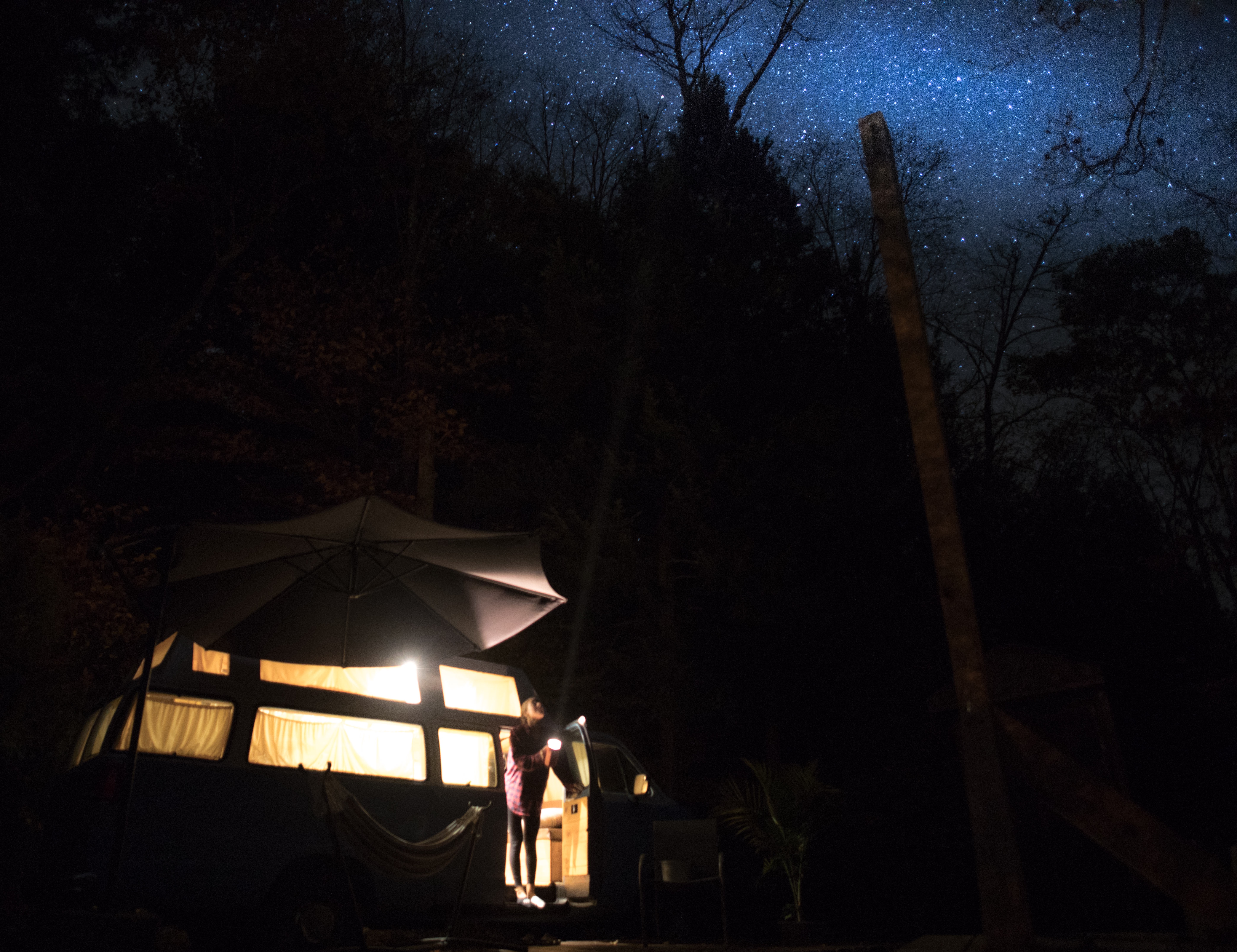 Sleeping under the stars at night in the van