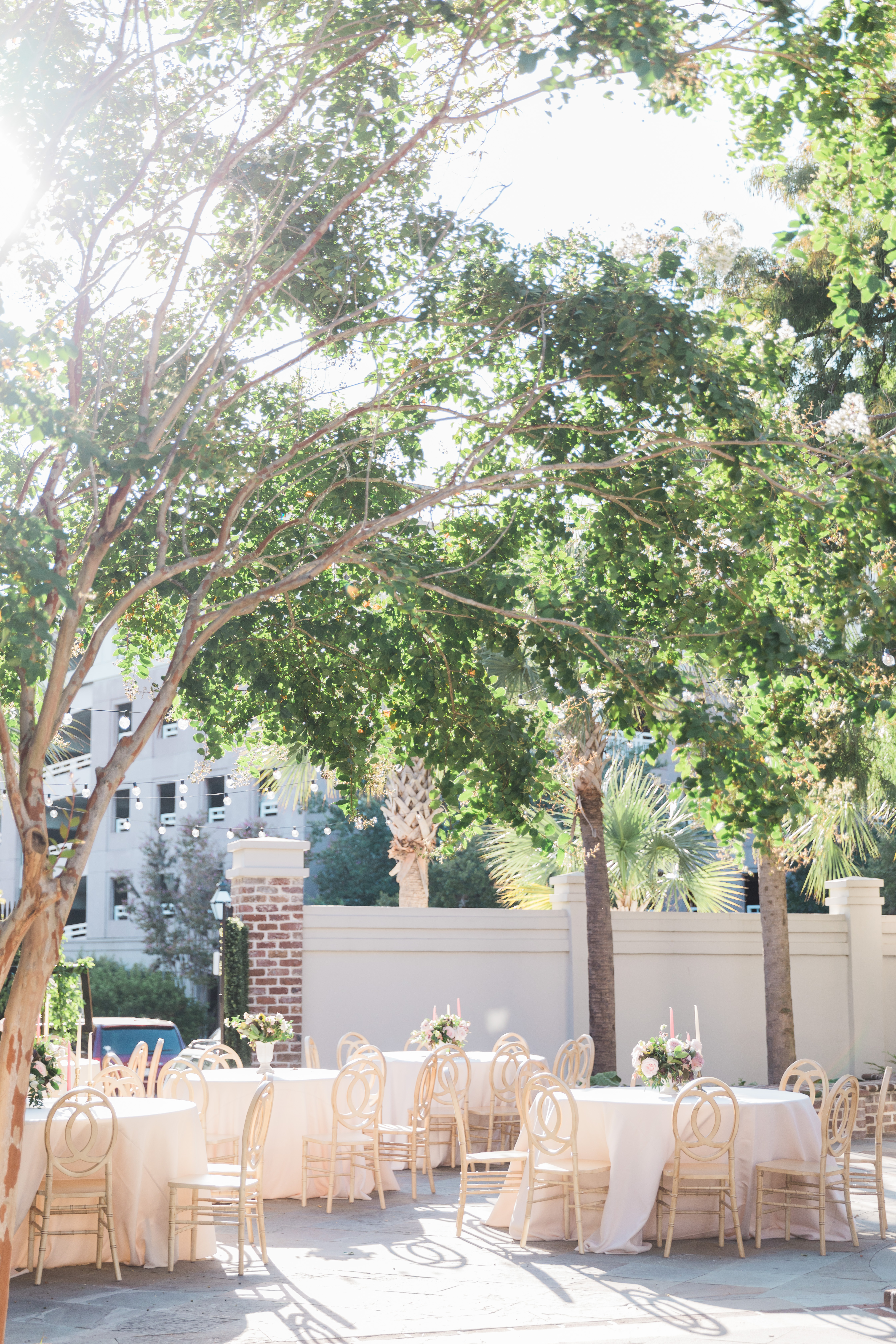bluestone courtyard staged for dining